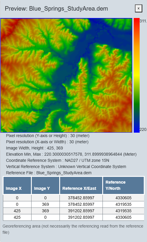 screenshot of example data loaded in the raster preview window