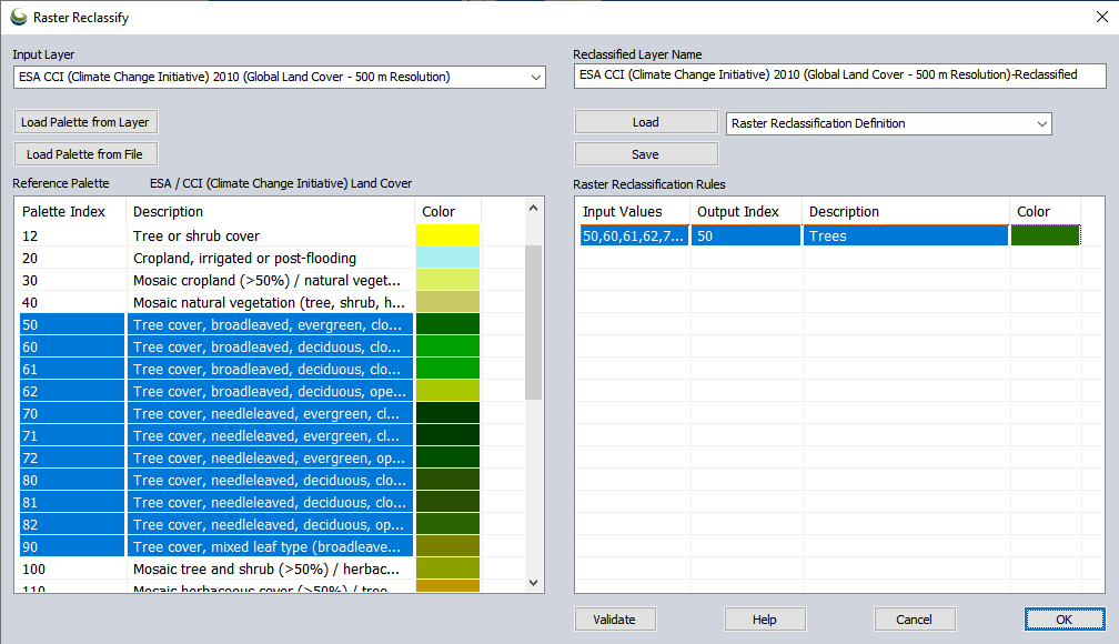 Raster Reclassification Dialog with Reference Palette rows copied to single rule.