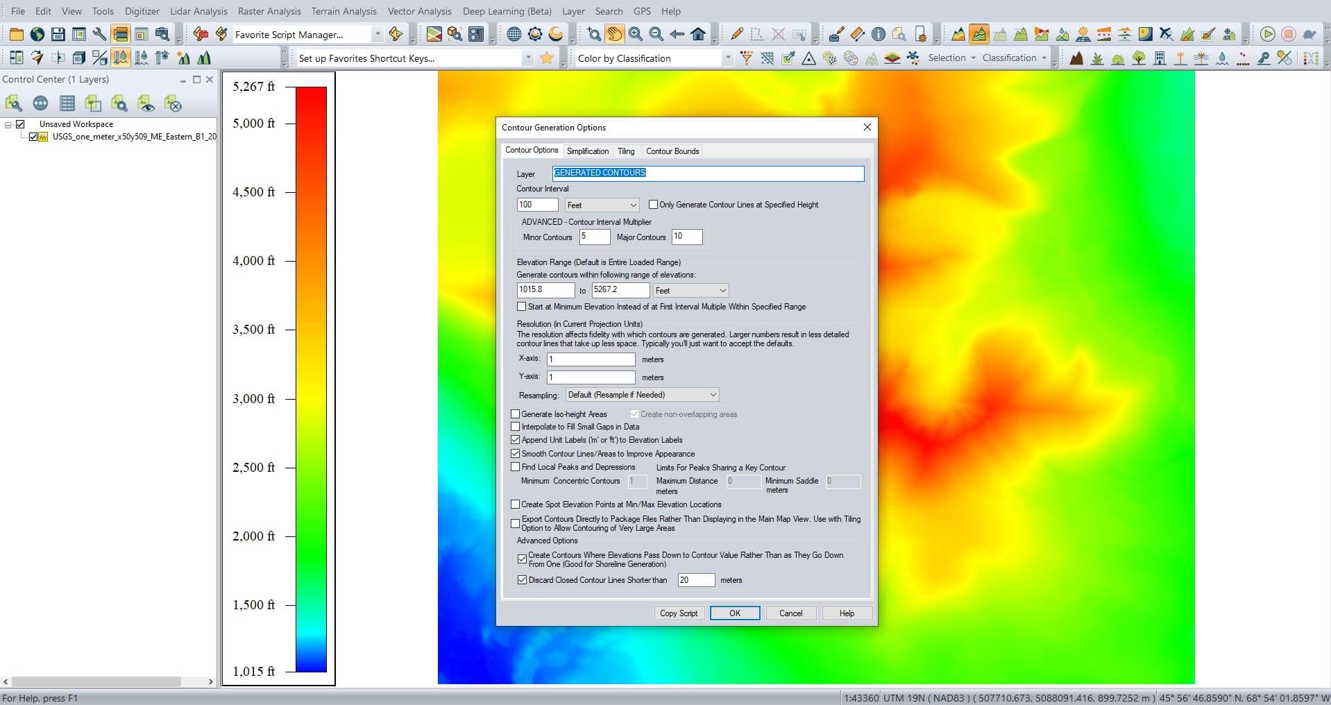 Create Contours tool dialog box in Global Mapper