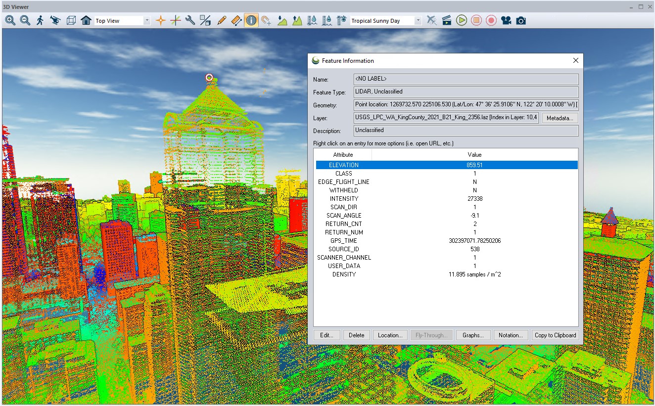 Lidar loaded in 3D view with attribute information shown 