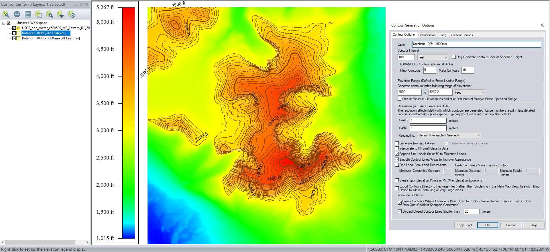 Elevation range of contour lines