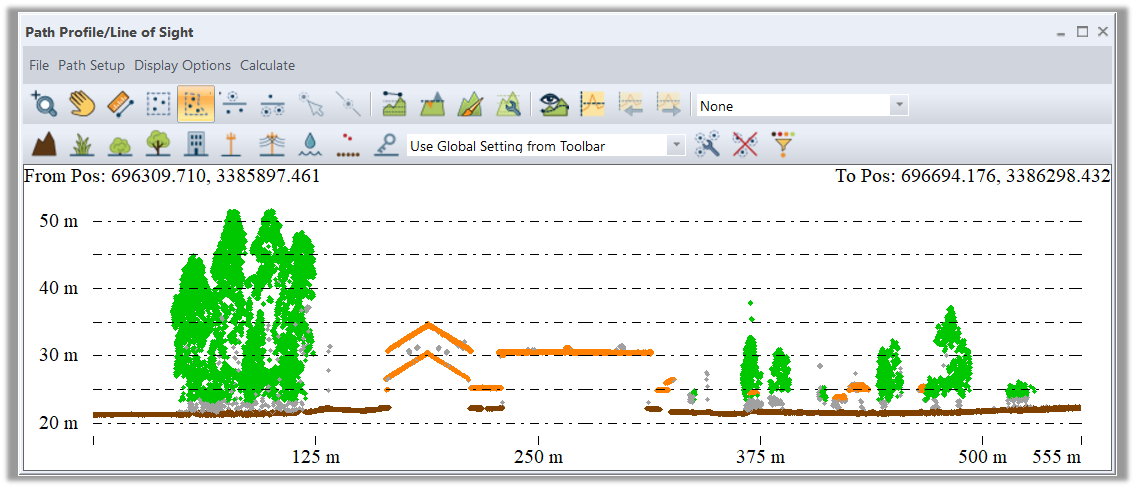 A swath of lidar data rendered in the Path Profile window