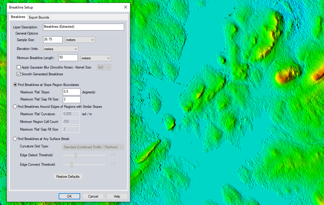 Screenshot of the breaklines tool and relevant data in Global Mapper