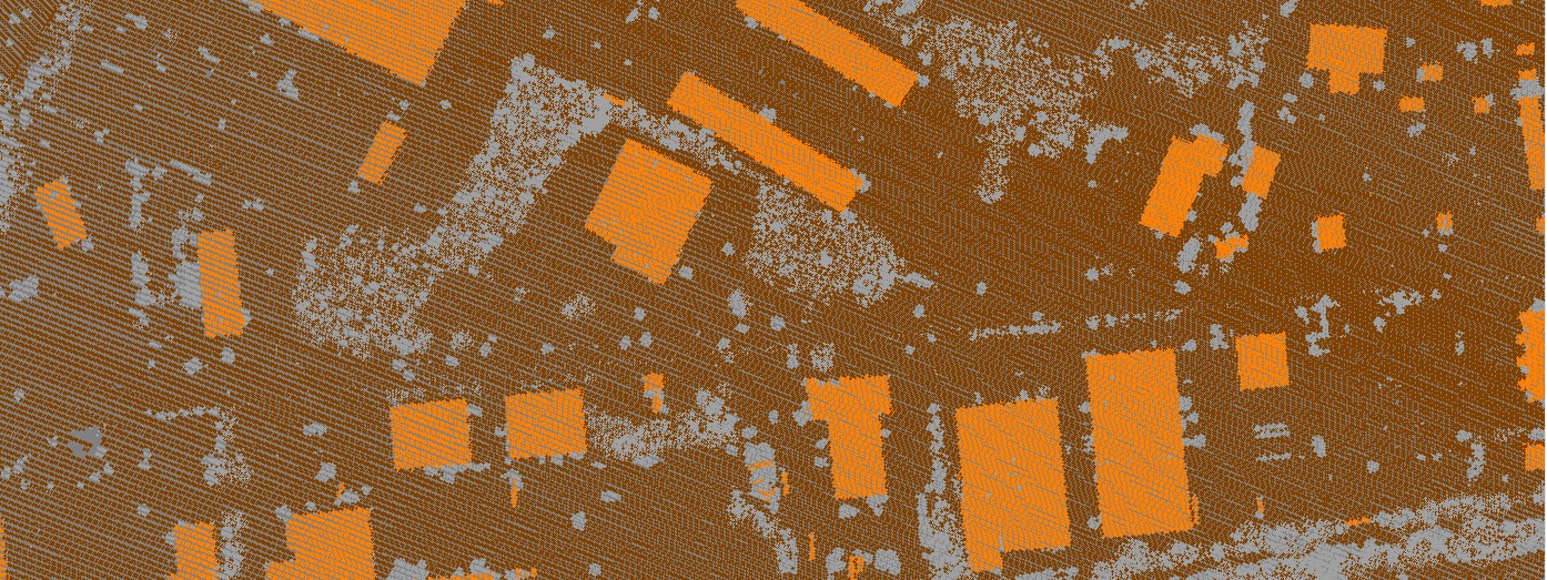 Building points classified and colored orange in a point cloud 