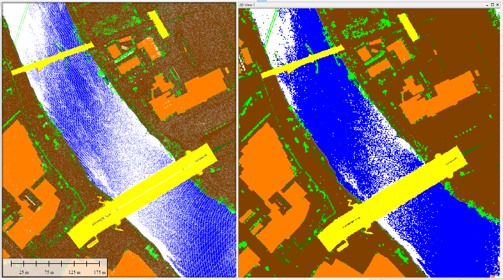 A point cloud compared to a gridded layer with the same data and color application. 