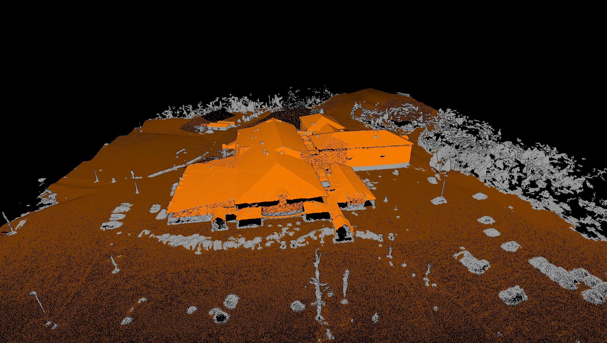 A Pixels to Points generated point cloud with ground and buildings classified using Global Mapper Pro’s Automatic Point Cloud Analysis tool.