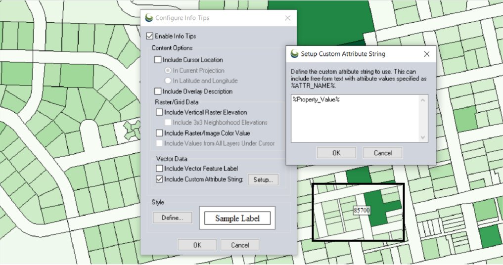 Screenshot of a custom attribute string using in Global Mapper's labeling tools. 