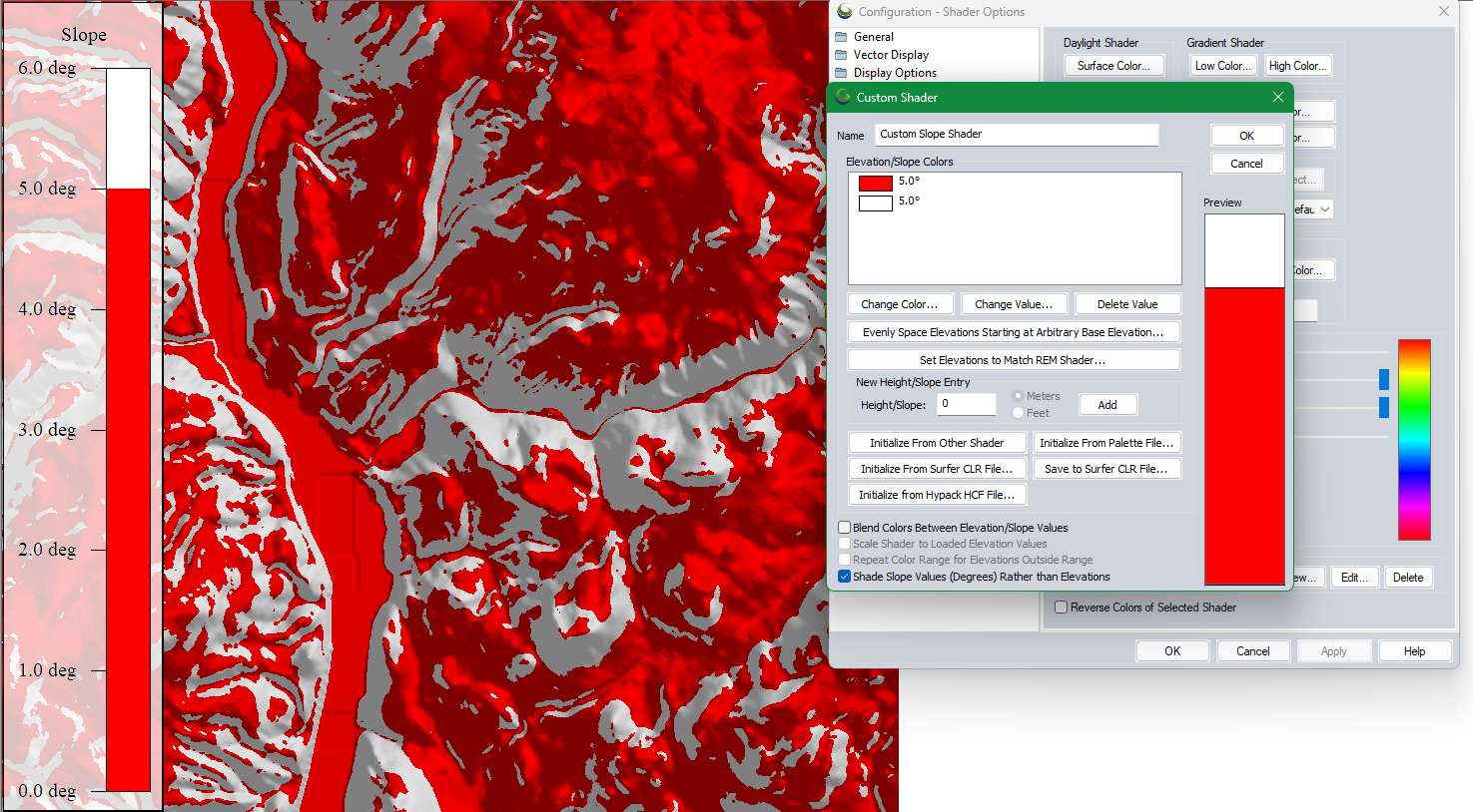 A reiver DEM where all cells with a slope less than 5 degrees are shaded red, and the steeper slopes are white