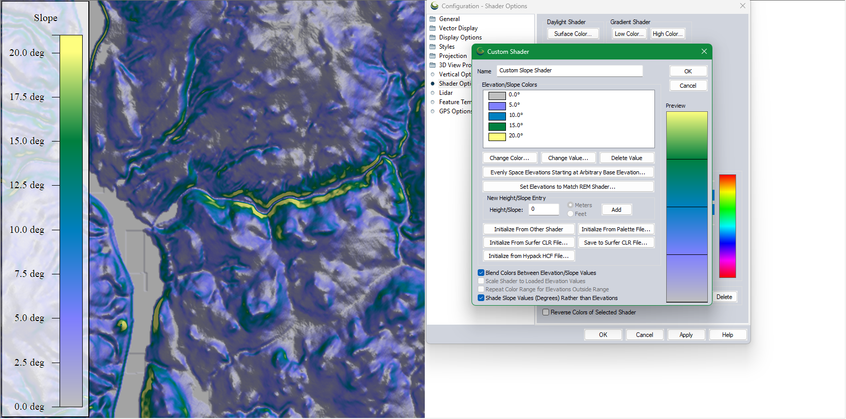 A river DEm whee ths slope is displayed using a purple to yellow gradient. 