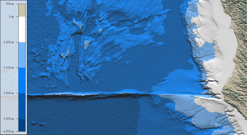 A bathymetric layer displayed with a custom shader in Global Mapper.