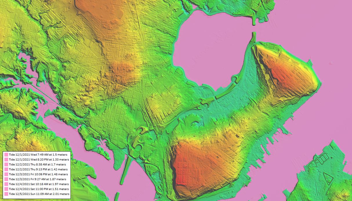 Water rise in the area as displayed in Global Mapper. 