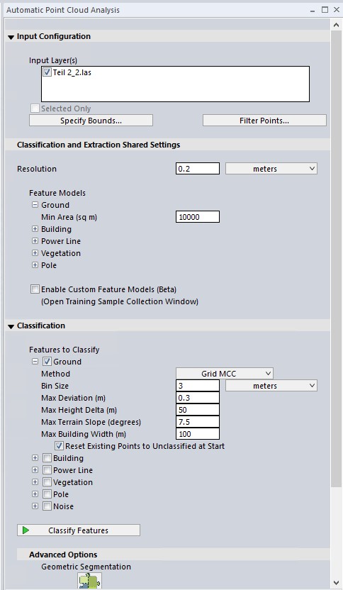 Screenshot of the Point Cloud analysis dialog 