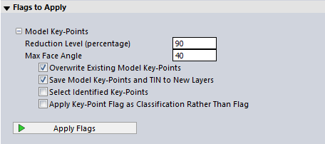 Flags to Apply, Model Key Points option, Reduction Level percentage (90), Max Face Angle (4) and checked boxes: overwrite existing model key points and save model key points and TIN to new layers.