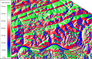 Elevation data displayed via aspect for use in Solar Energy Suitability Analysis