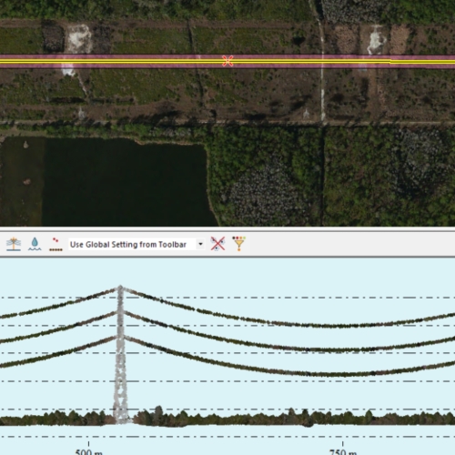 nadir and perpendicular perspectives of powerline point cloud data in Global Mapper Pro 