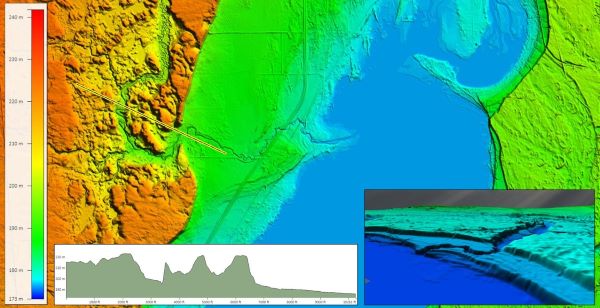 loaded elevation GeoTIFF in Global Mapper with path profile and 3D view