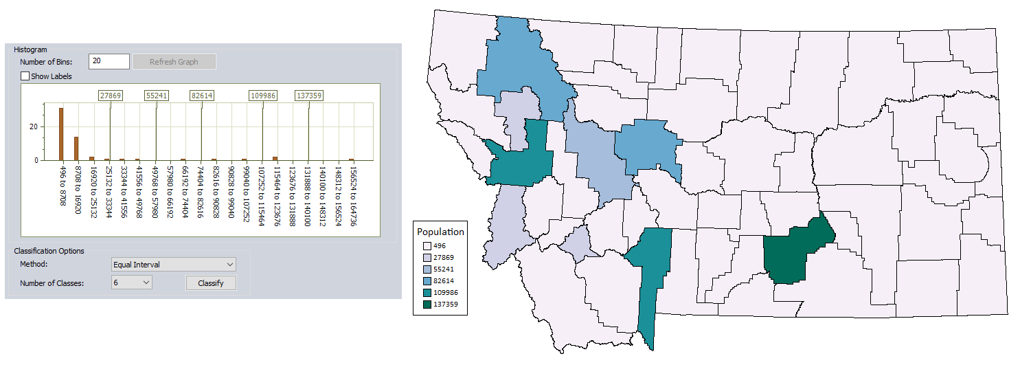 A choropleth map of counties in Montana. 
