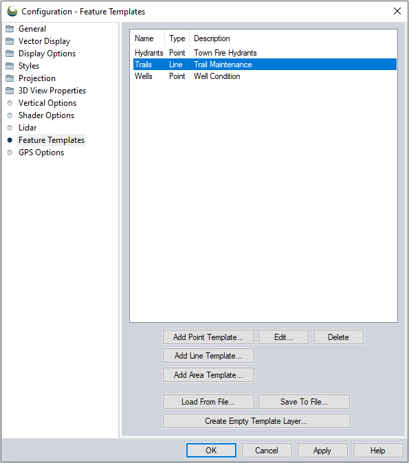Feature template dialogue box in Global Mapper