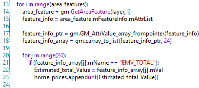A double-nested for loop with the intended goal of referencing an area feature. Then, the attributes inside the area feature specifically “EMV_TOTAL”.
