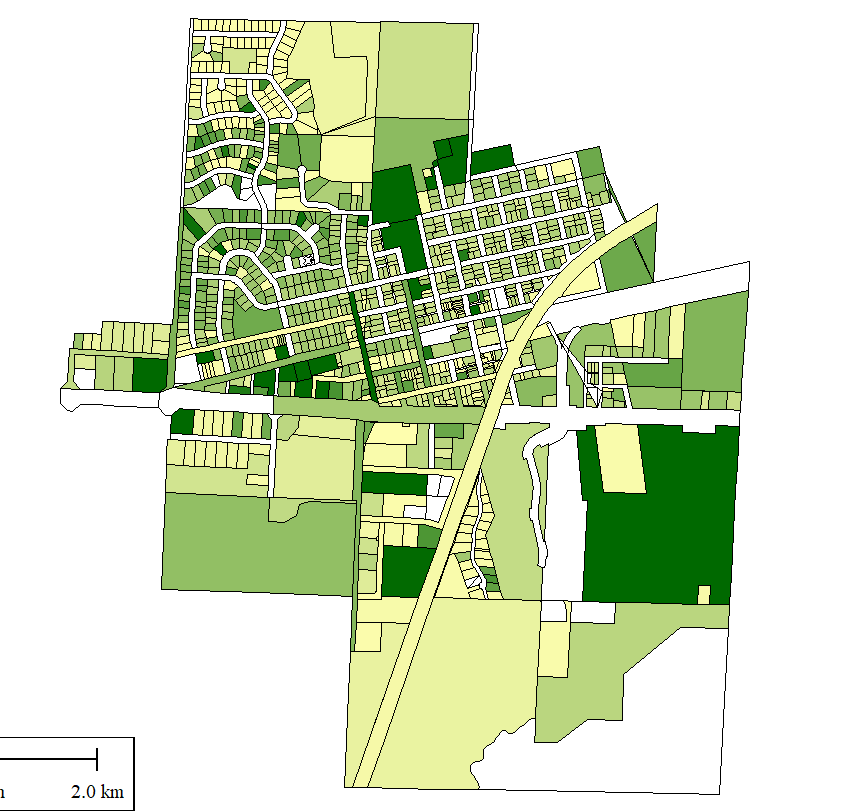 Python script final results, with area features colored by value in green(s)