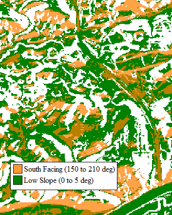 Combined south facing and low slope areas ideal for Solar Energy Suitability Analysis