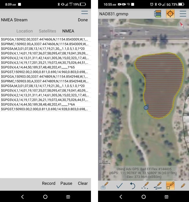 A raw NMEA stream displayed in Global Mapper Mobile