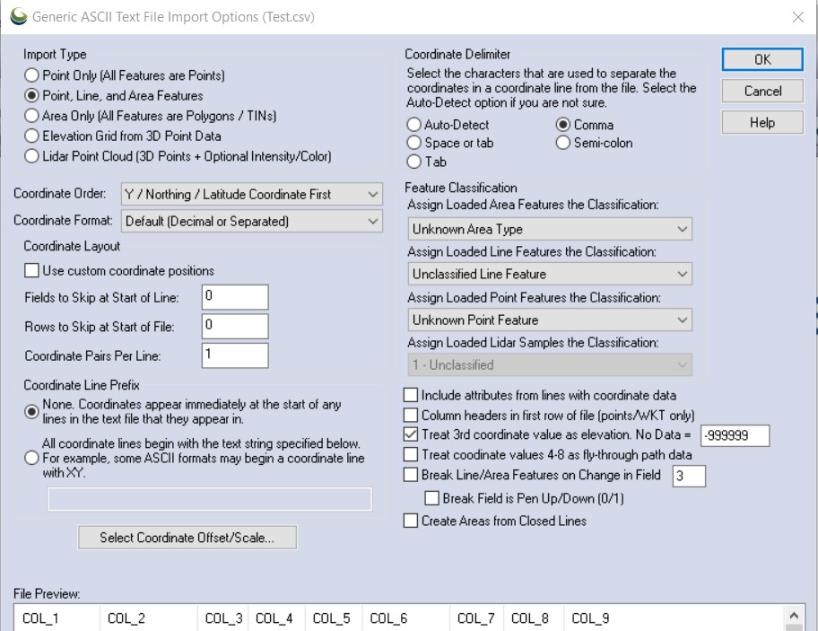 Generic Text file Import Options Global Mapper