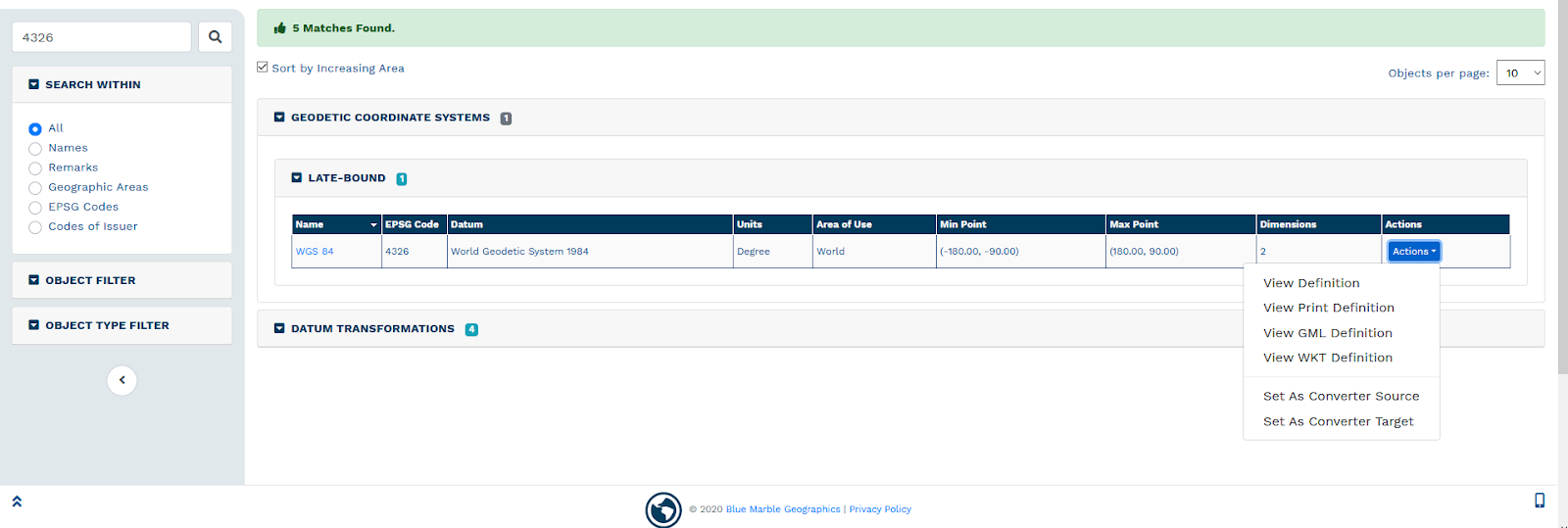 Screenshot of search results for transformations 