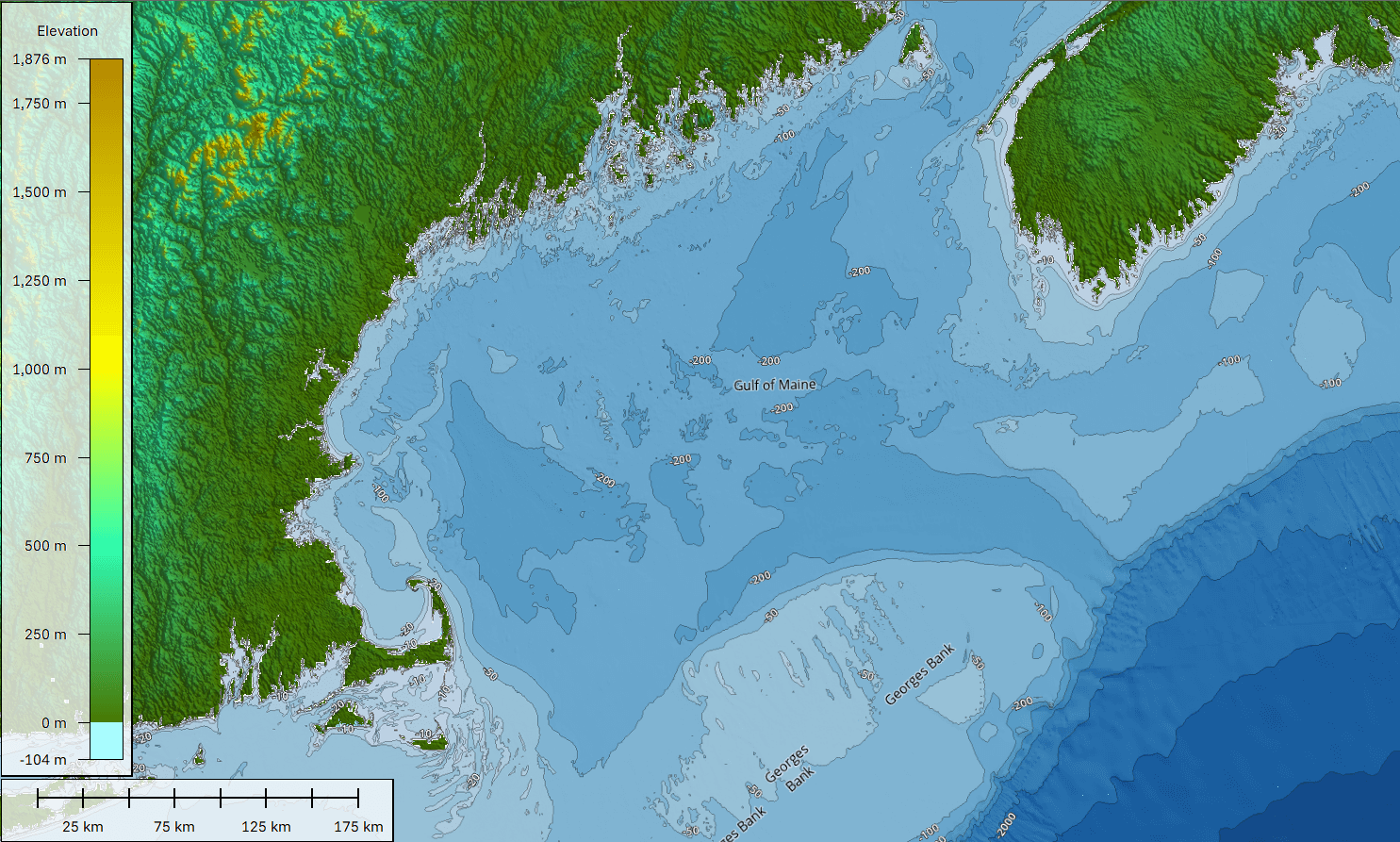 Mapa topobatimétrico creado a partir de datos batimétricos derivados de satélite y datos de elevación SRTM. 