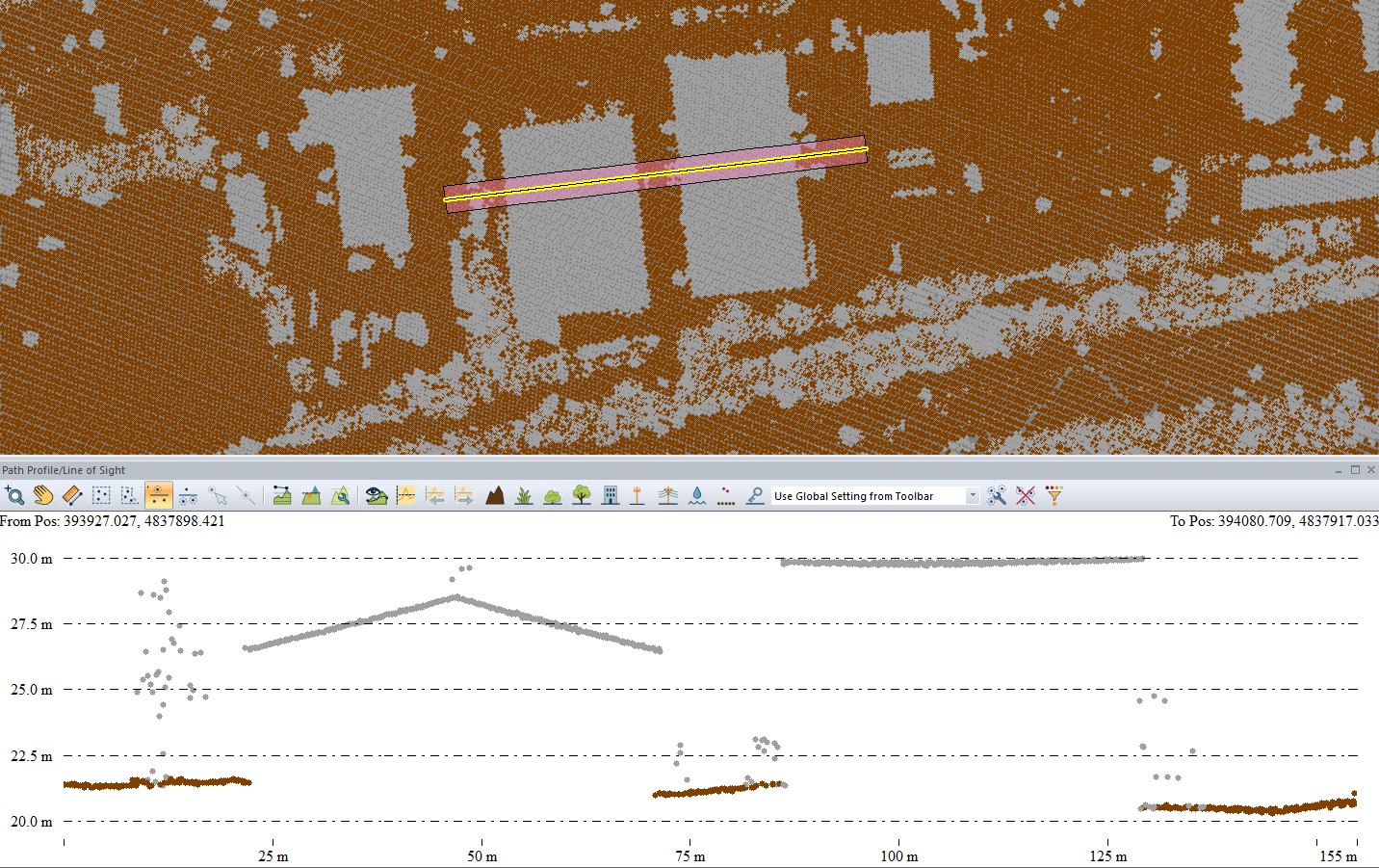 A point cloud with classified ground points.