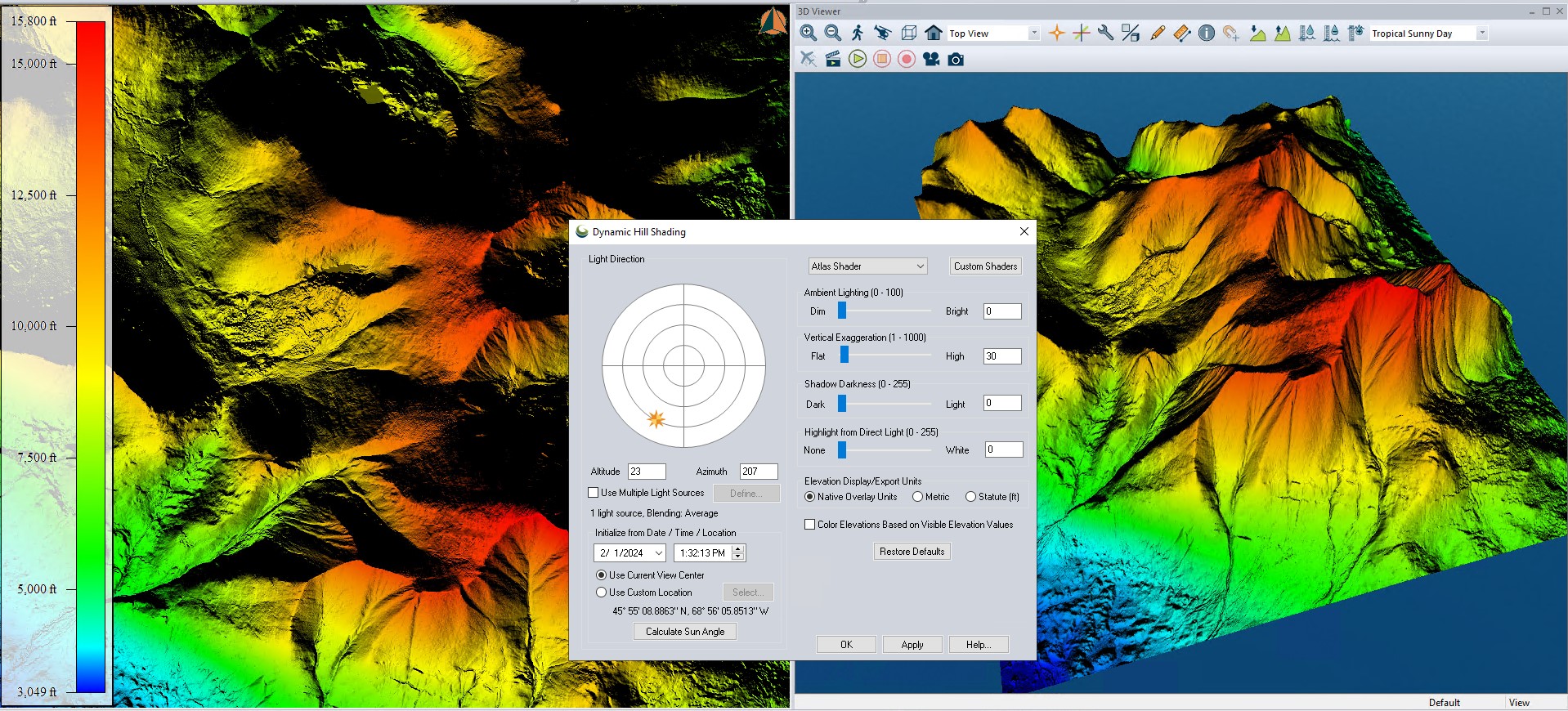 Sun and Shadow angle applied to terrain in GIS