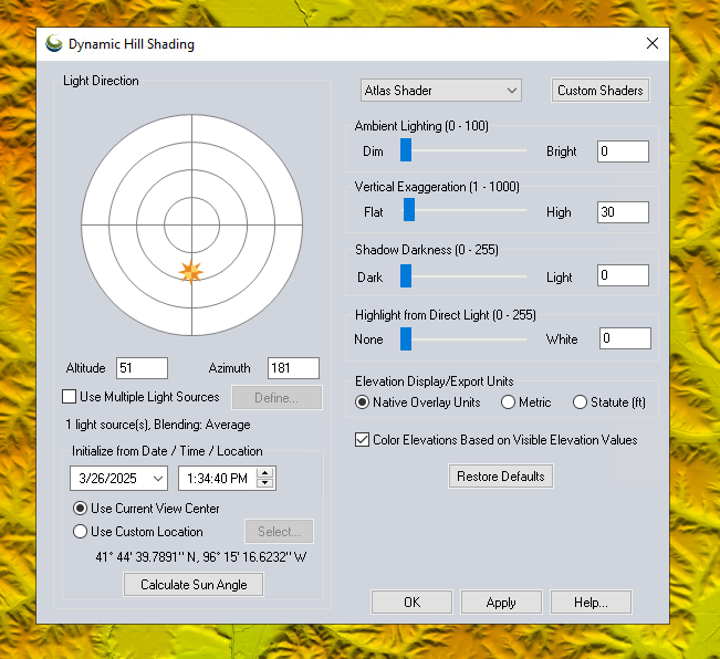 Screenshot of hill shading dialog settings