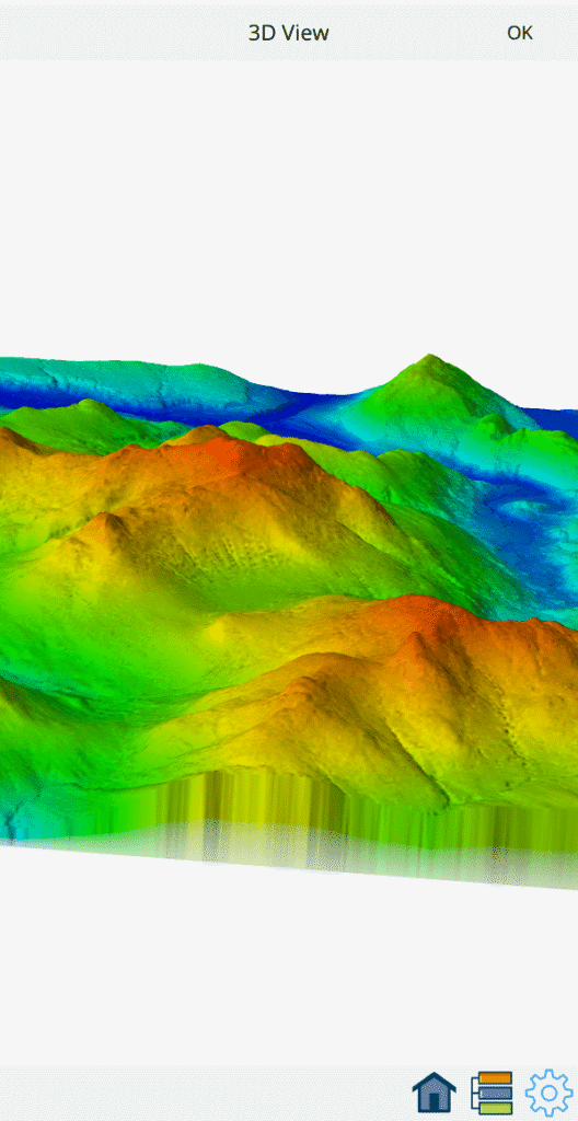 3D terrain of mountains loaded in Global Mapper Mobile Pro