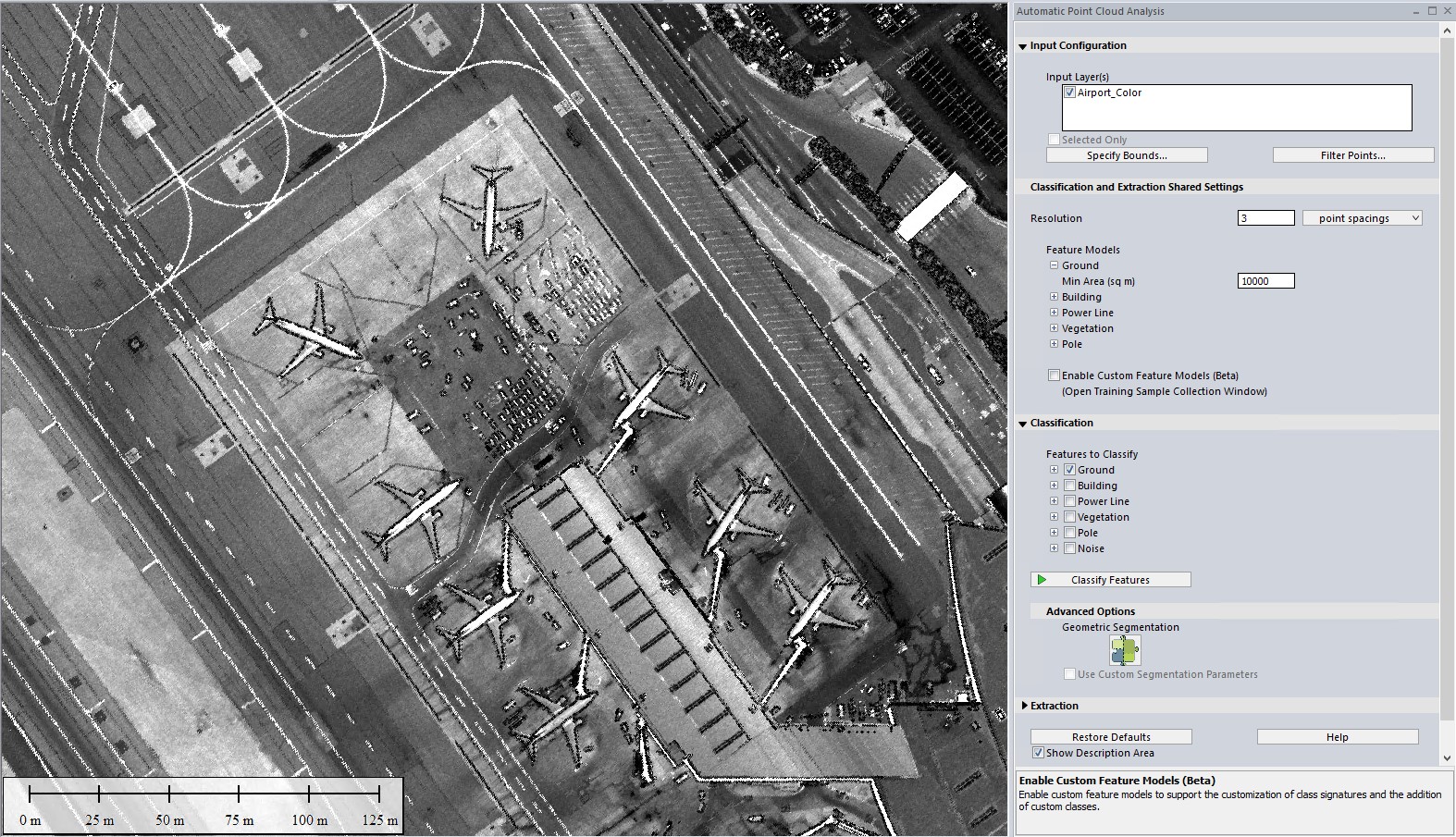 Nuvem de pontos LiDAR de um aeroporto, colorida para exibir valores de intensidade. 