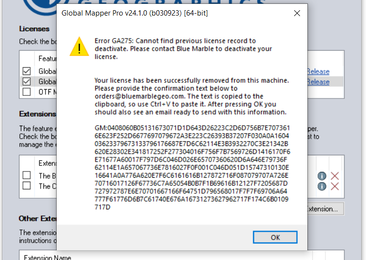 Cannot find previous license record to deactivate Blue Marble