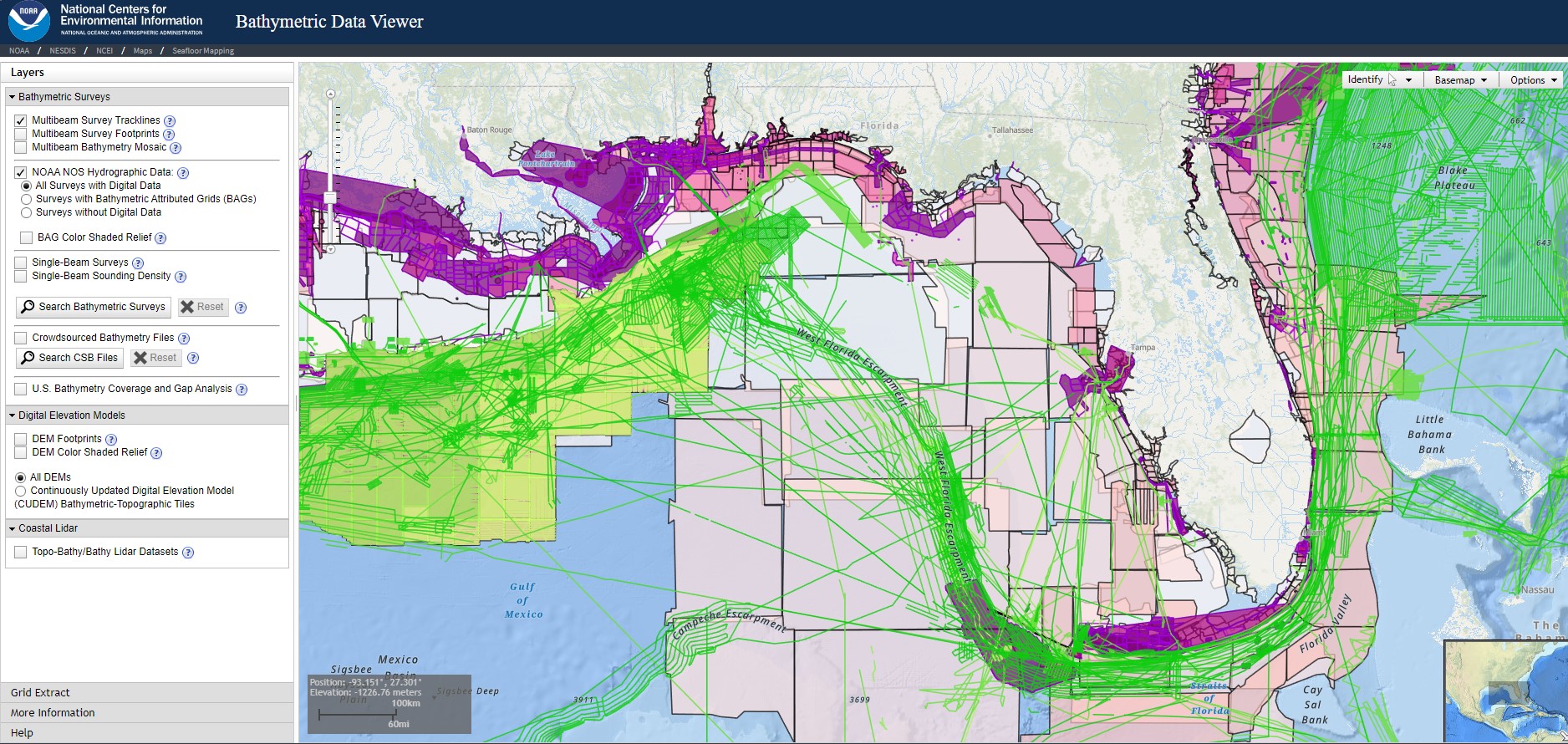 Screenshot of data availability near Florida in the NOAA Bathymetric Data viewer