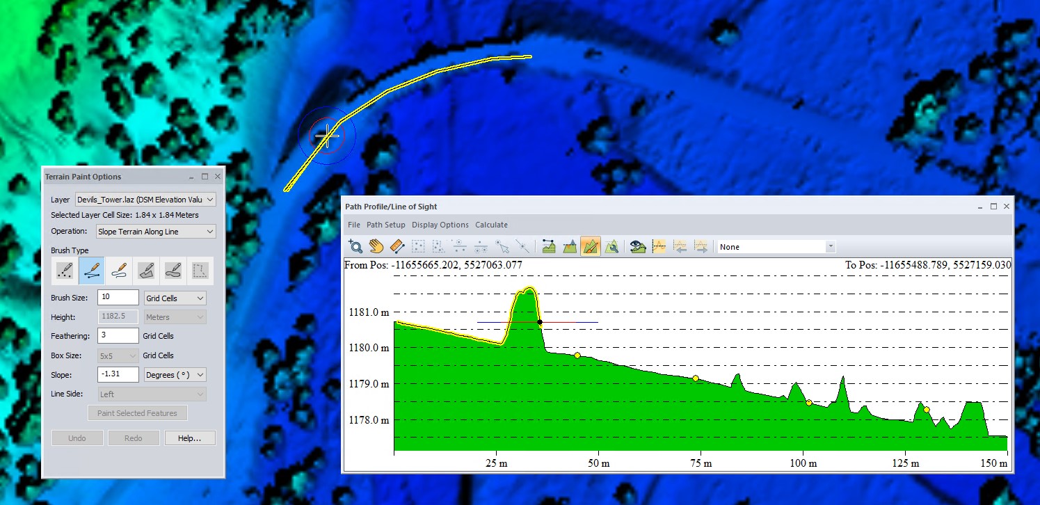 Terrain data is edited with the terrain paint tool in the path profile 
