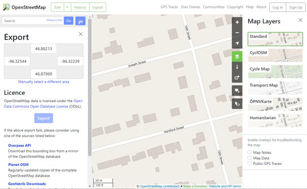 Screenshots of OpenStreetMap open in browser before opening in Global Mapper