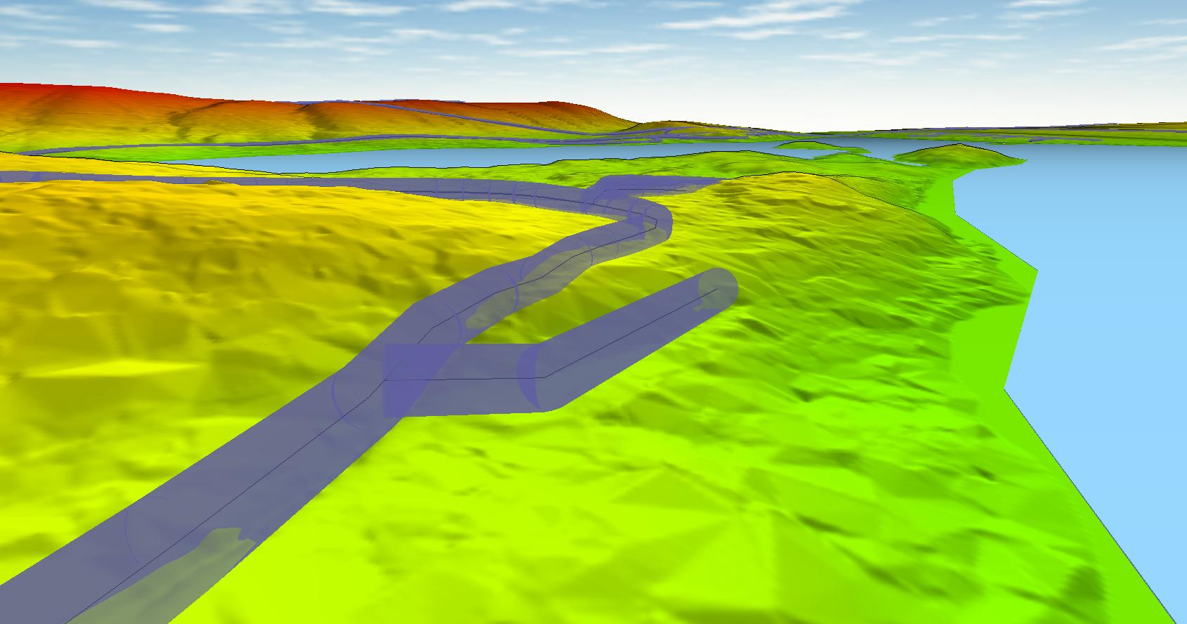 Pipe mesh features across a terrain layer 