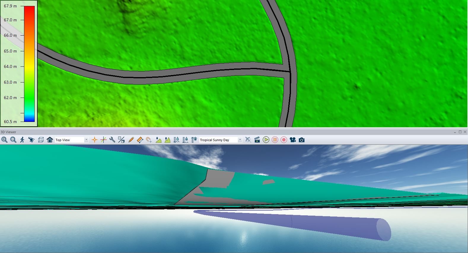 pipe buffers as 3D mesh features in Global Mapper 3D viewer. 
