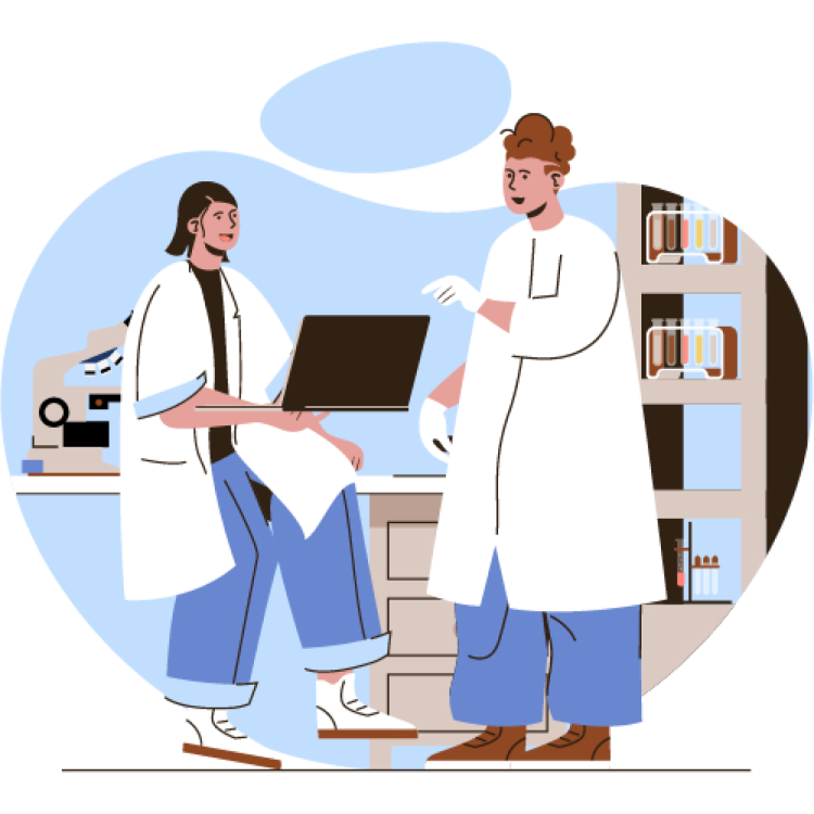 Computer scientists talking in a lab. 