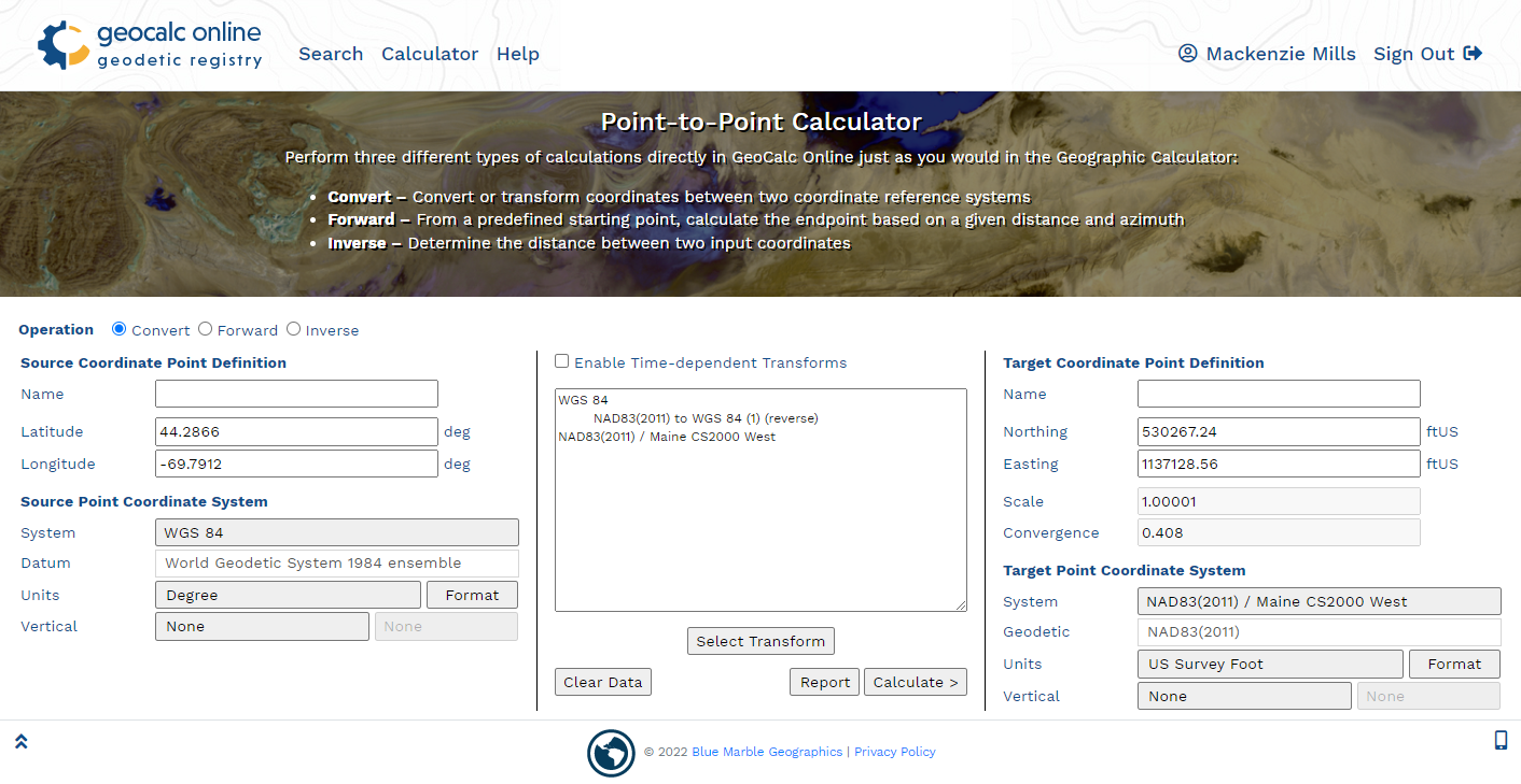 Changing coordinate systems using the Point-to-Point Calculator