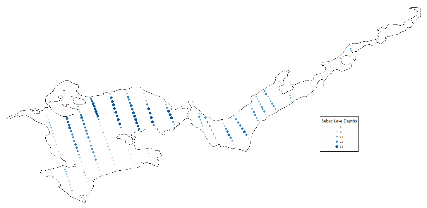 Points colored by elevation within a lake feature. 