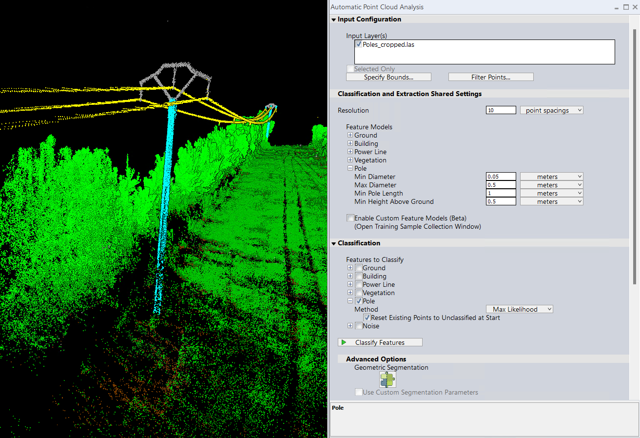 Screenshot of non-ground classification tool open in Global Mapper with a lidar power pole in the background. 