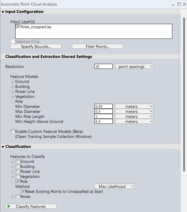The Automated Point Cloud Analysis dialog with the Pole Classification tools open 