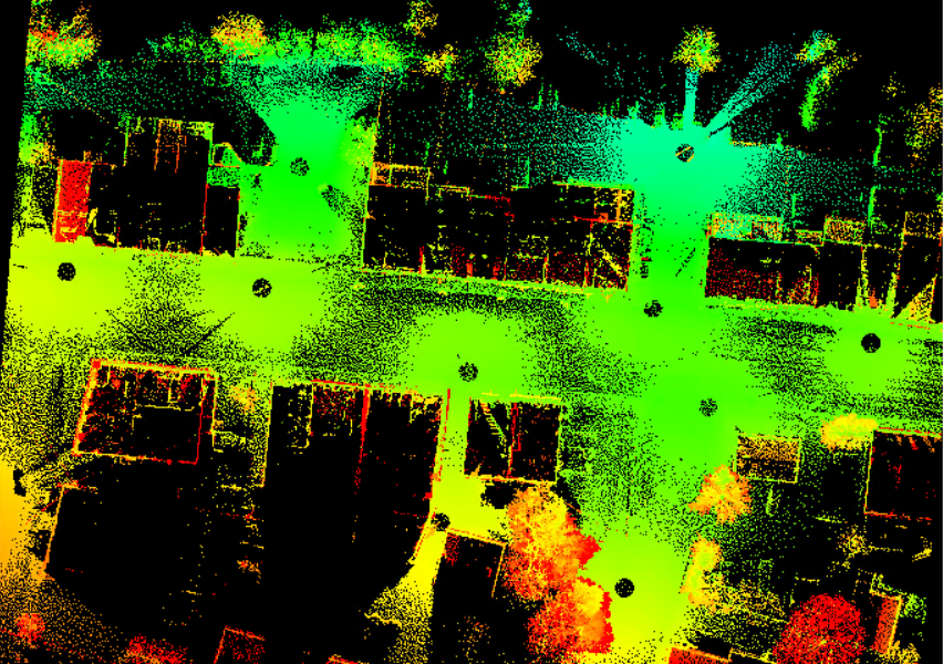Terrestrial lidar seen from a top-down view of a city block in Global Mapper. 