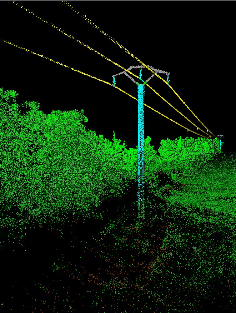 Classified power pole and wires in a point cloud