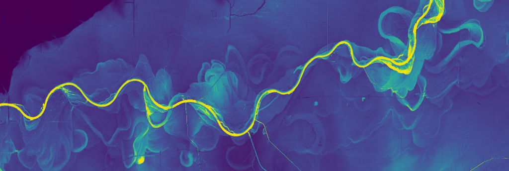 Relative elevation map of a river. The color shader goes from bright yellow, to green, to light blue, to dark blue.