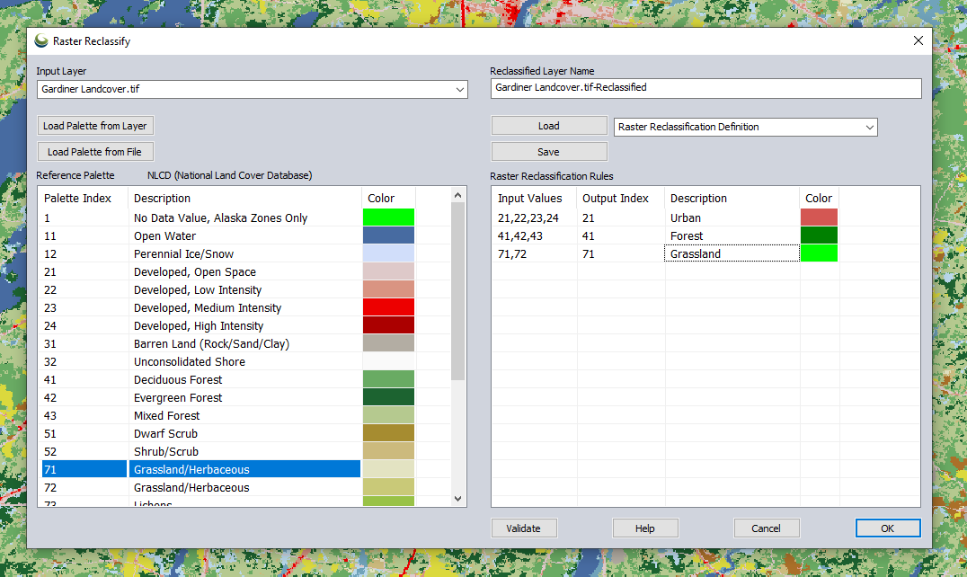 A screenshot of the Raster Reclassify tool with loaded land classification data.