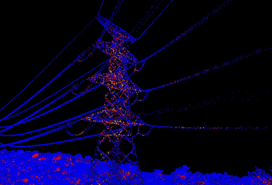 Transmission tower in lidar point cloud colored by return number